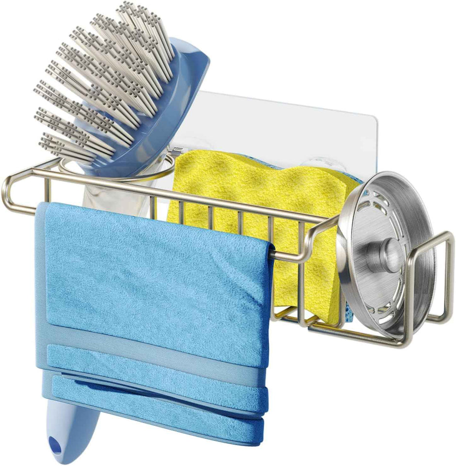 HapiRm 4 in 1 Sink Caddy Sponge Holder, SUS304 Stainless Steel Kitchen Brush Holder + Dish Cloth Hanger + Soap Rack + Sink Stopper Rack + Sponge Caddy for Kitchen - Silver