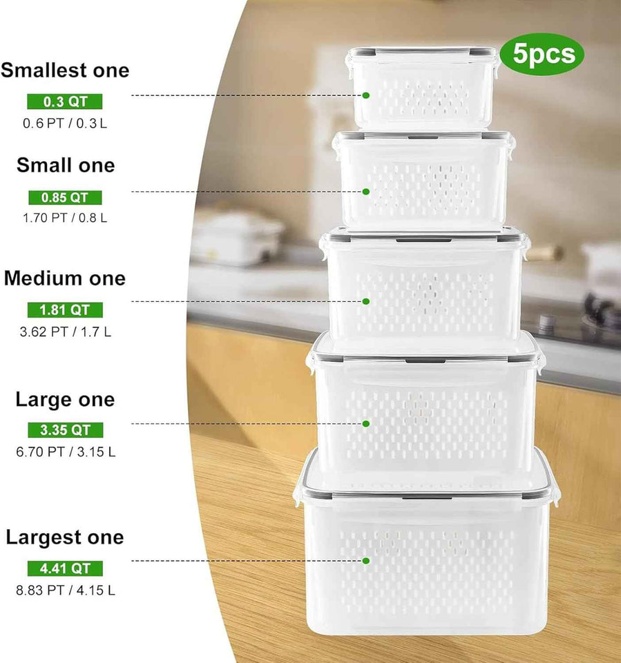 5 PCS Large Leakproof Fruit Containers with Removable Colanders, Dishwasher and Microwave Safe