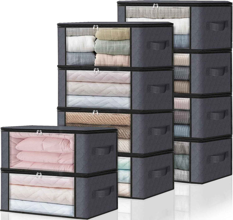 HomeHacks Storage 3-Pack Clothes Organizer Storage Bags Foldable Storage Box with Large Clear Window Sturdy Handles for Closet, Dorm, Pillows, Bedding, Clothes, Blankets, 35L, Gray