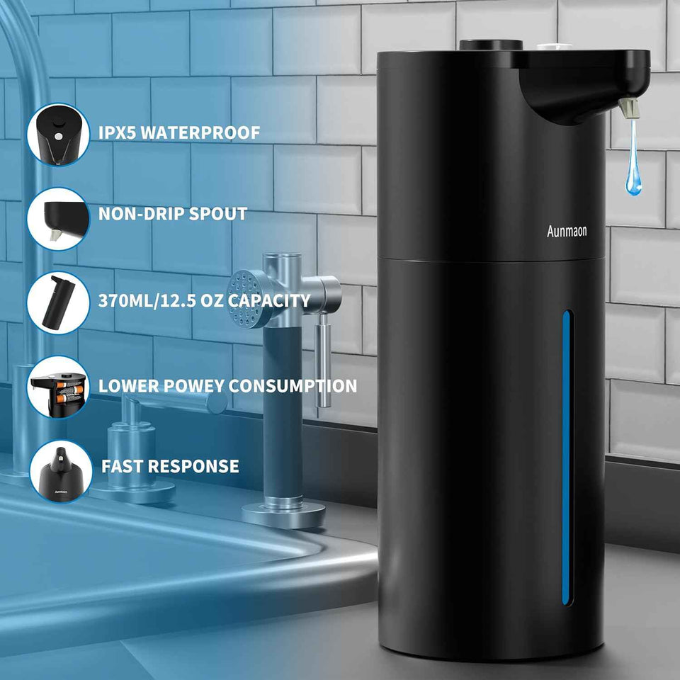 Aunmaon automatic touchless soap dispenser, adjustable volume, long battery life, black, kitchen and bathroom