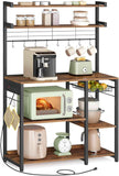 VASAGLE Baker's Rack, Microwave Stand, Kitchen Storage Rack with Wire Basket, 6 Hooks, and Shelves, for Spices, Pots, and Pans, Rustic Brown and Ink Black UKKS35X