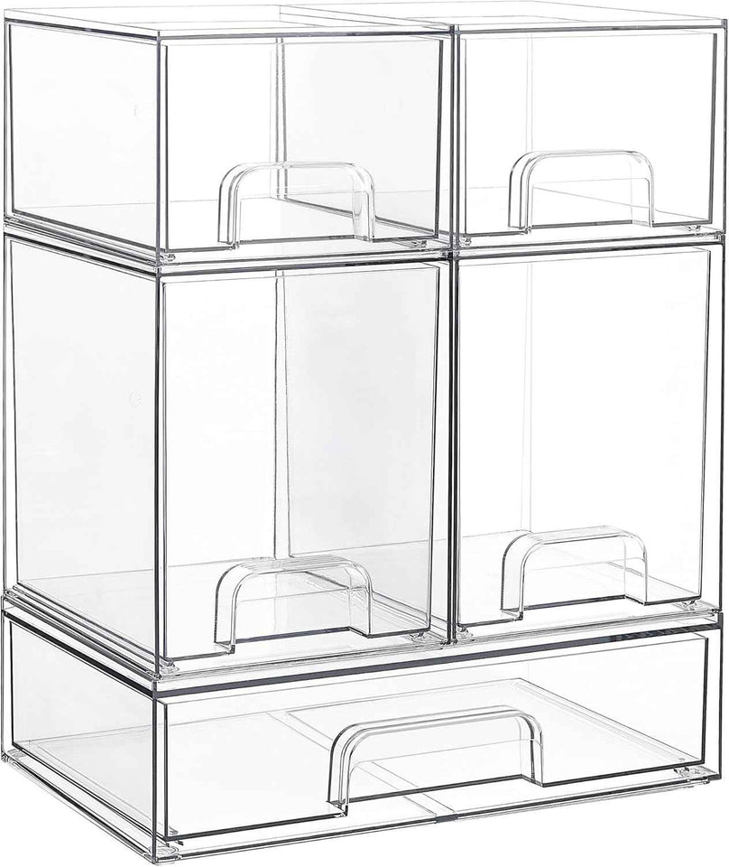 Vtopmart Stackable Storage Drawers Set of 5 - Clear Plastic Organizer Bins for Baby Bottle, Beauty Supplies, Kitchen, Bathroom, Cabinet, Pantry