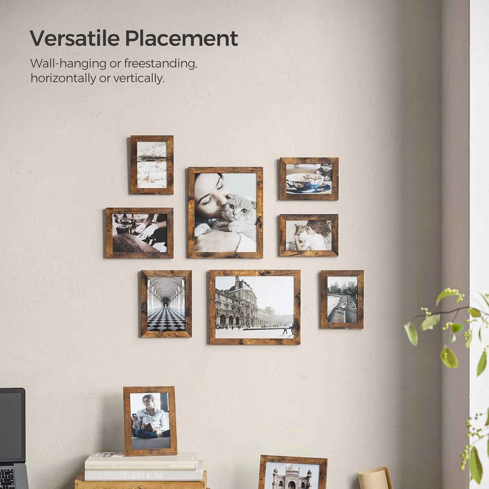 SONGMICS Rustic Brown Picture Frame Set, 10-Piece, Including 2 8x10, 4 5x7, and 4 4x6 Photos, Wall Gallery Decor, Christmas Gift