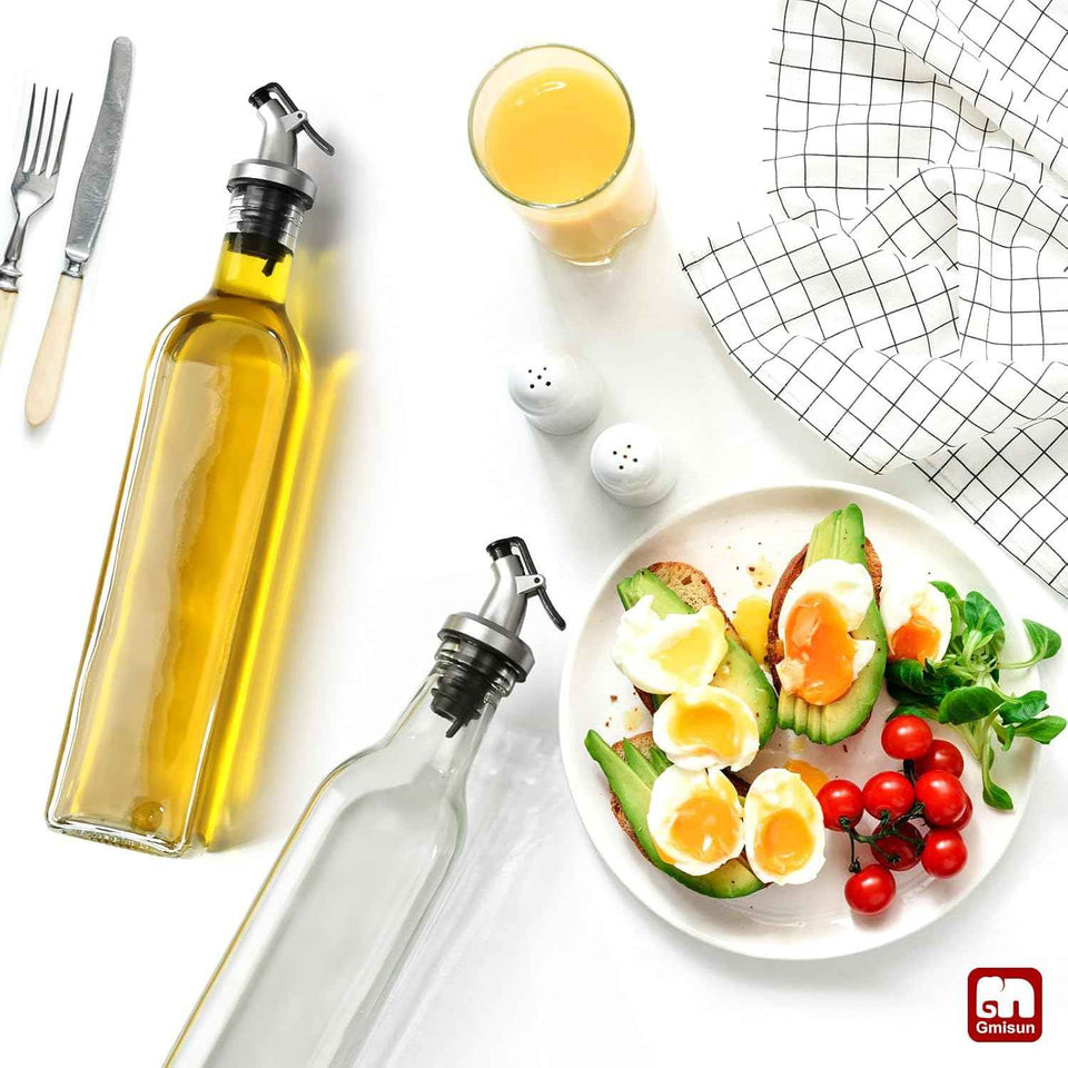 GMISUN Olive Oil Dispenser for Kitchen, 4 Pack 17 fl oz Glass Oil Dispensers Bottle, Cooking Soy Sauce Bottle Container Cruet with Plastic Pourer Spout, Funnel and Labels, Clear