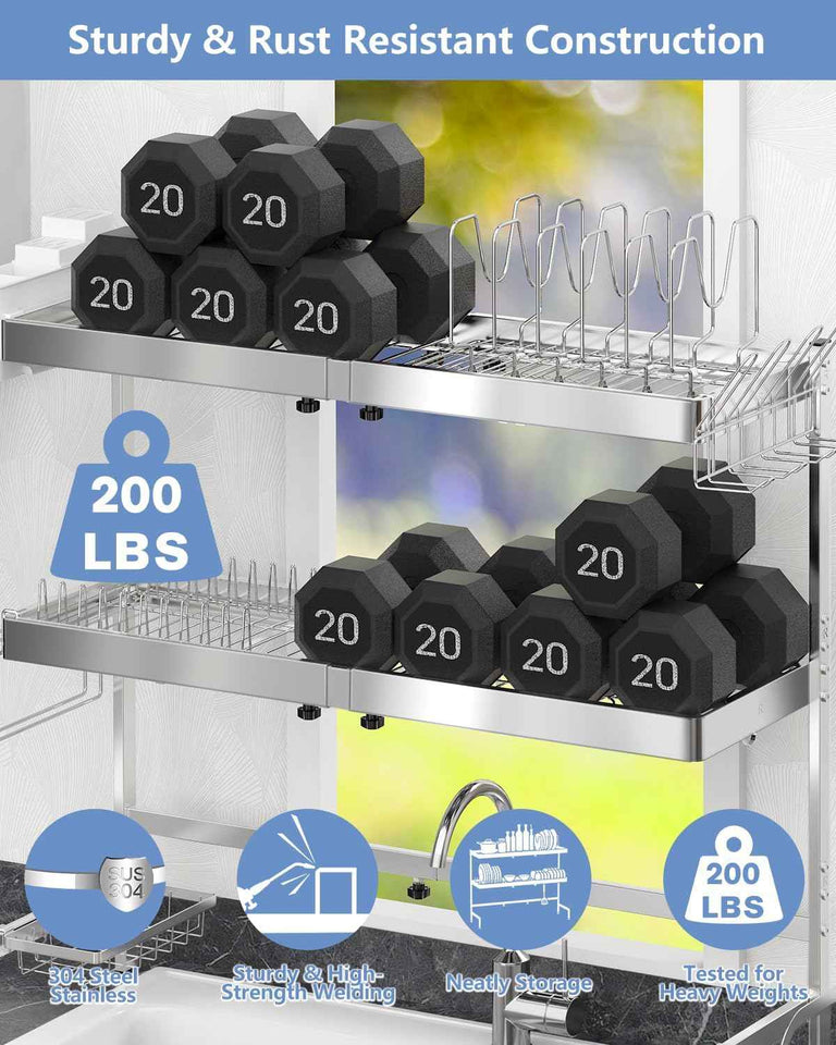 3 Tier Extra Large Stainless Steel Over The Sink Dish Drying Rack - Expandable Multifunctional Organizer and Space-Saving Above Sink Dish Rack