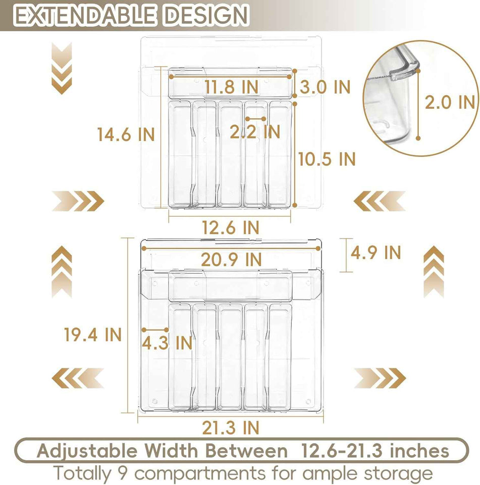 Silverware Organizer, Clear Utensil Drawer Tray with Adjustable Compartments for Spoons, Forks, Knives