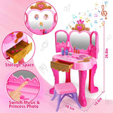 Light Pink Magic Makeup Table & Chair Set for 2-5 year old girls with Music and Mirror, Princess Dress Up Playset