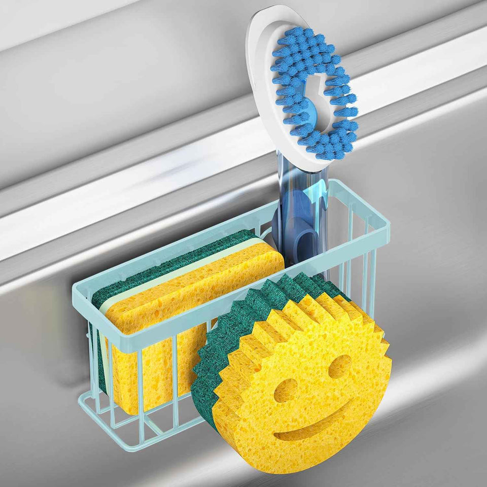 Sponge Holder Smiley Face,Sink Caddy,Sink Organizer with 2 Suction Cups/1 Adhesive Strips,Designed for Sponge,Soap,Dish Brush,Scrubber - Black