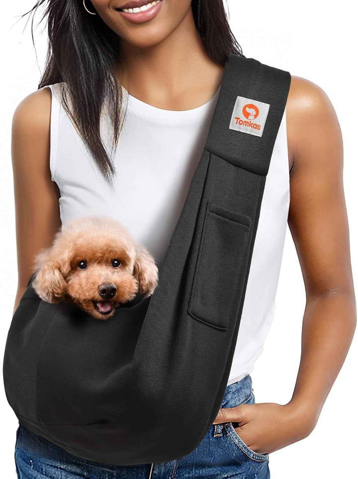 Tomkas small dog sling carrier for pets 3-10 lbs - classic pocket and strap design - black