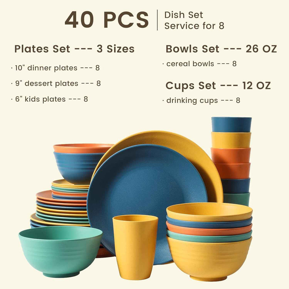 Homienly 40-Piece Unbreakable Wheat Straw Dinnerware Set, Service for 8