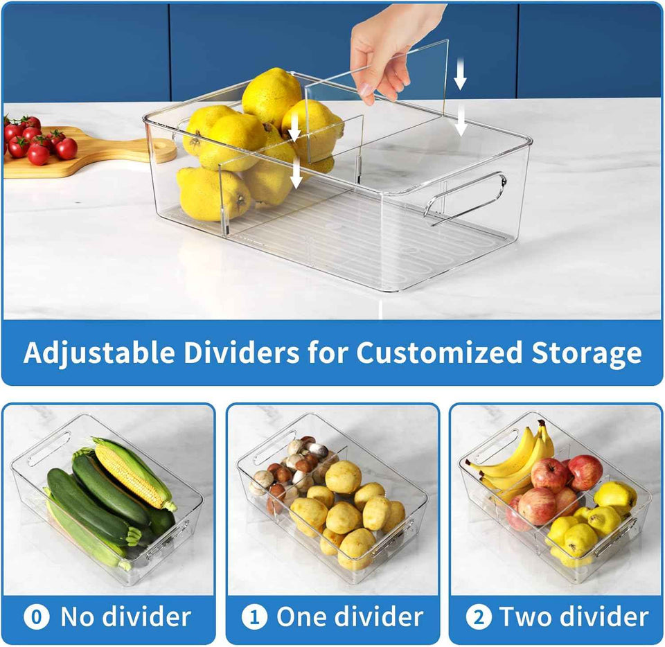 6-pack clear plastic pantry organizers and storage with 2 dividers for kitchen fridge organization