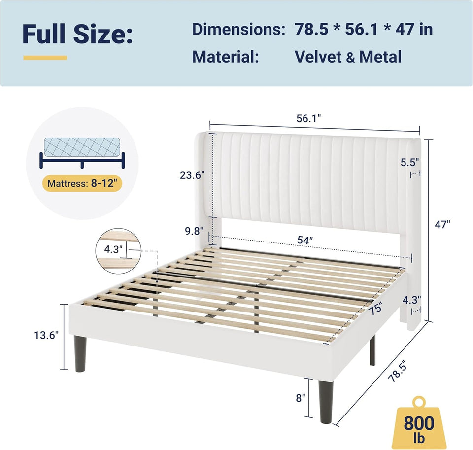 Allewie Full Size Velvet Bed Frame/Vertical Channel Tufted Wingback Headboard/Upholstered Platform Bed/Strong Wooden Slats/No Box Spring Needed/Easy Assembly/White