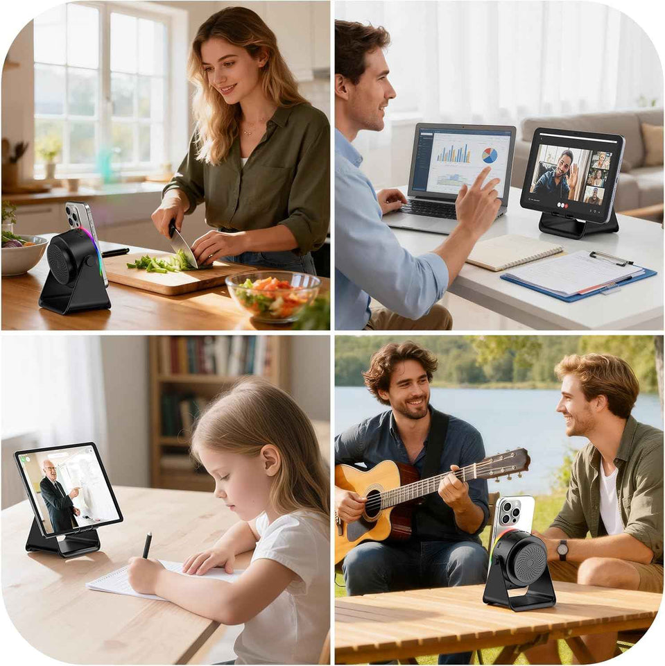 TARKARI Wireless Induction Speaker, 5 in 1 Bluetooth Speaker, 360° Rotation Cell Phone Stand with Colorful Ambient Light Compatible with iPhone iPad Android Tablet, Birthday Gifts for Women Men Him