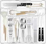 Expandable Silverware Organizer, Clear Utensil Drawer Tray with Adjustable Compartments for Spoons, Forks, Knives