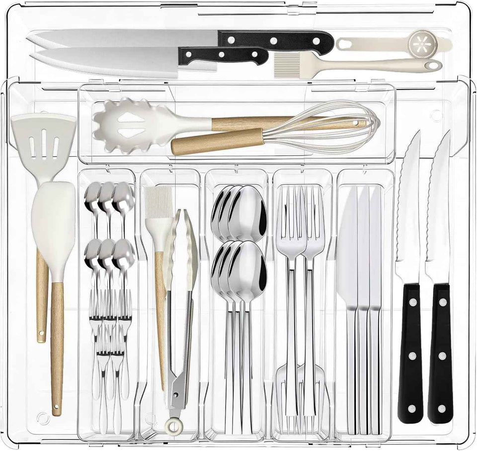 Silverware Organizer, Clear Utensil Drawer Tray with Adjustable Compartments for Spoons, Forks, Knives