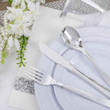 Wellife 700-Piece Silver Plastic Dinnerware Set for 100 Guests, Elegant White and Silver Design