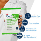 cerave plant-based face wipes, hydrating makeup remover, biodegradable, fragrance-free, 25-count, sensitive skin