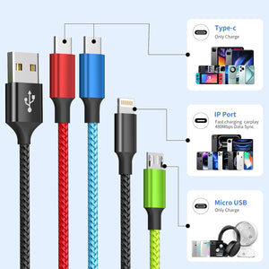 4 in 1 Multi Charging Cable [2Pack 5FT], Nylon Braided 4 in 1 Charger Cord, Universal Charger with IP/Type C/Type C/Micro Port, Compatible with Most Cell Phones/Tablets and More