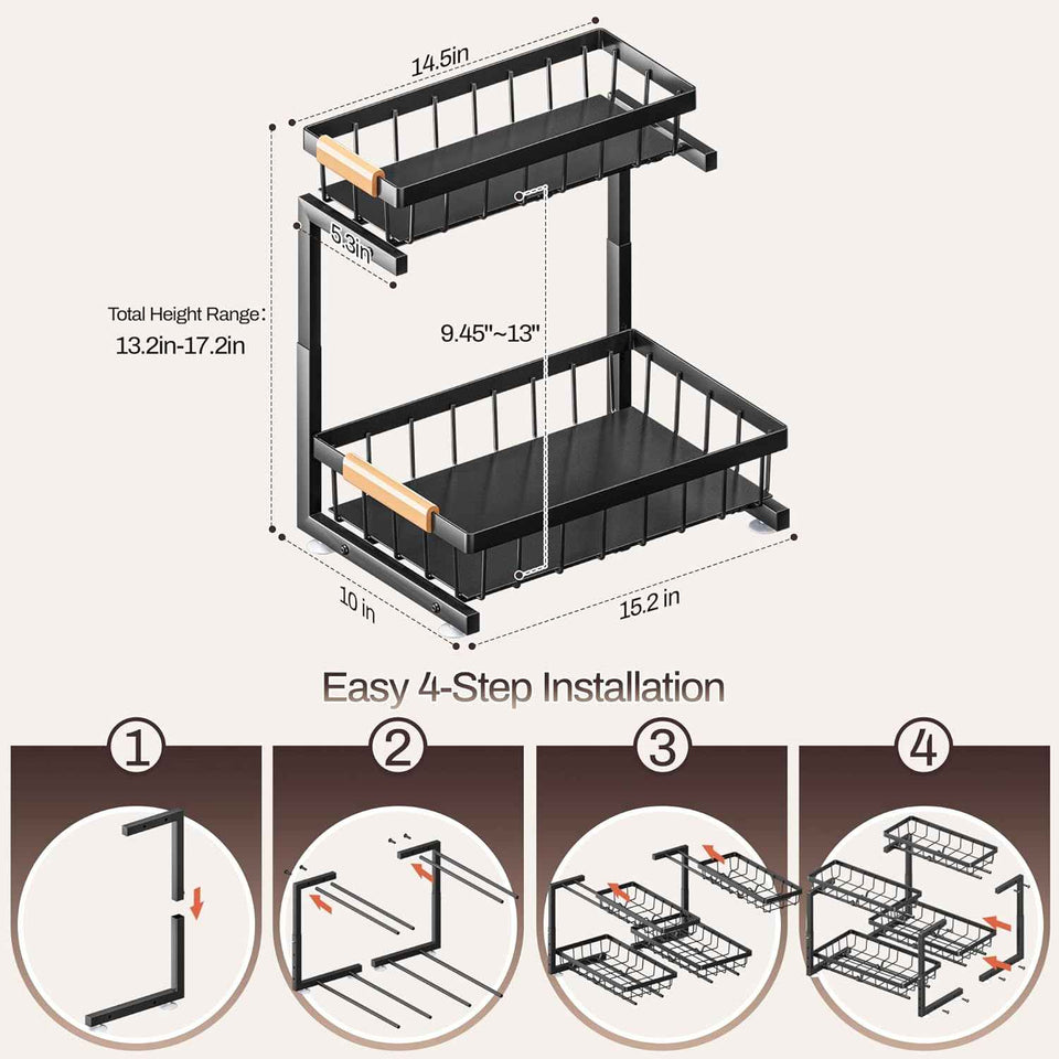 ADBIU Under Sink Organizer, 2 Pack 2 Tier Expandable Height Kitchen Bathroom Cabinet Organizers