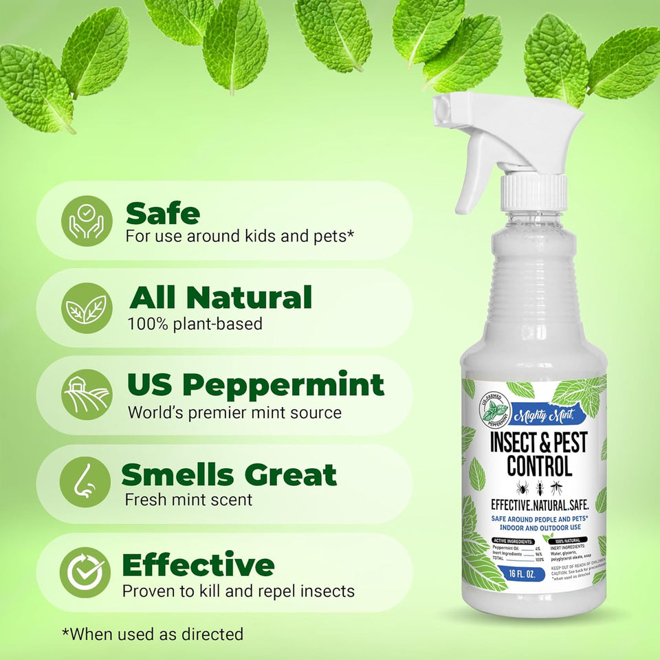 Mighty Mint Peppermint Oil Insect Repellent Spray – Natural Indoor & Outdoor Bug Control for Spiders, Ants, Roaches, and More – Plant-Based, Extra-Strong Formula - 16 oz