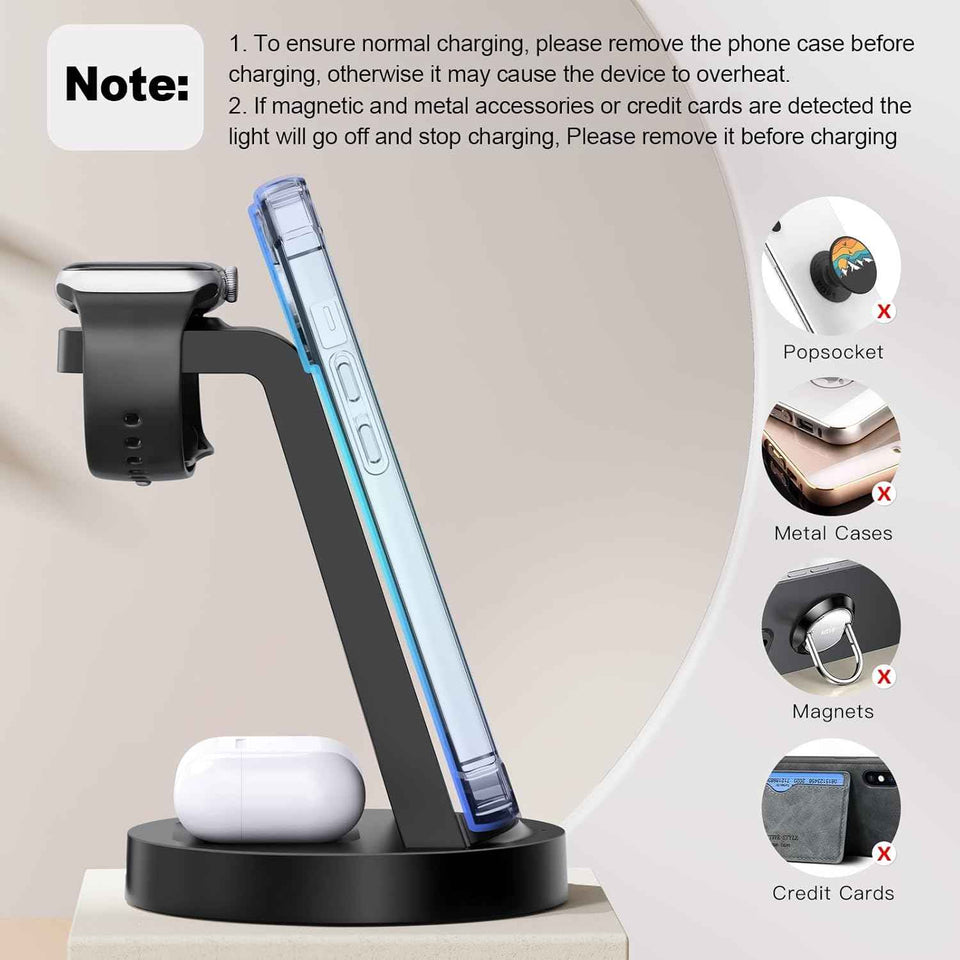 3-in-1 wireless charging station for iPhone, AirPods, and Apple Watch compatibility