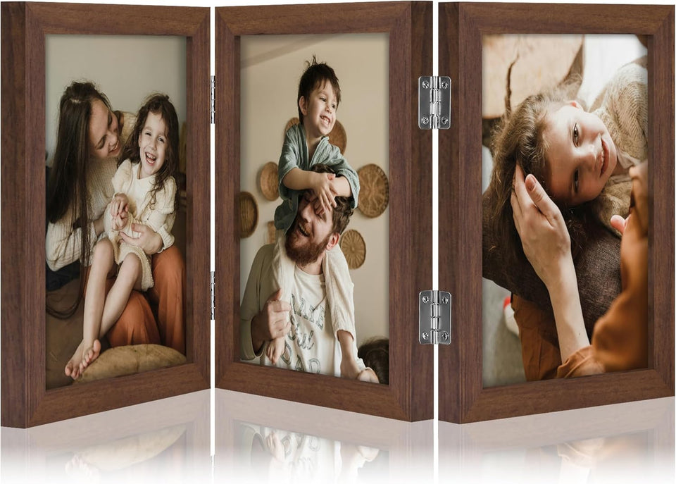 decorUhome Engineered Wood Trifold 4x6 Photo Frame with Plexiglass for Tabletop Display, Black, 3-Picture Frame