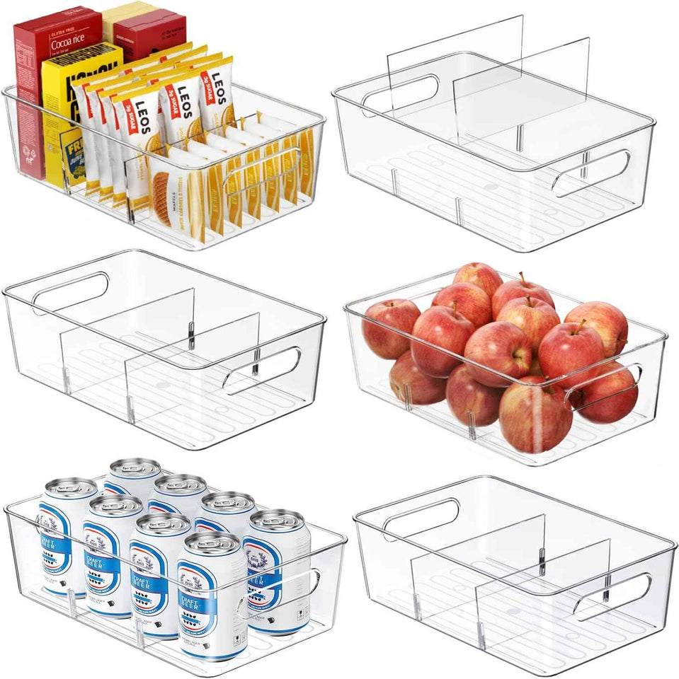 6-pack clear plastic pantry organizers and storage with 2 dividers for kitchen fridge organization