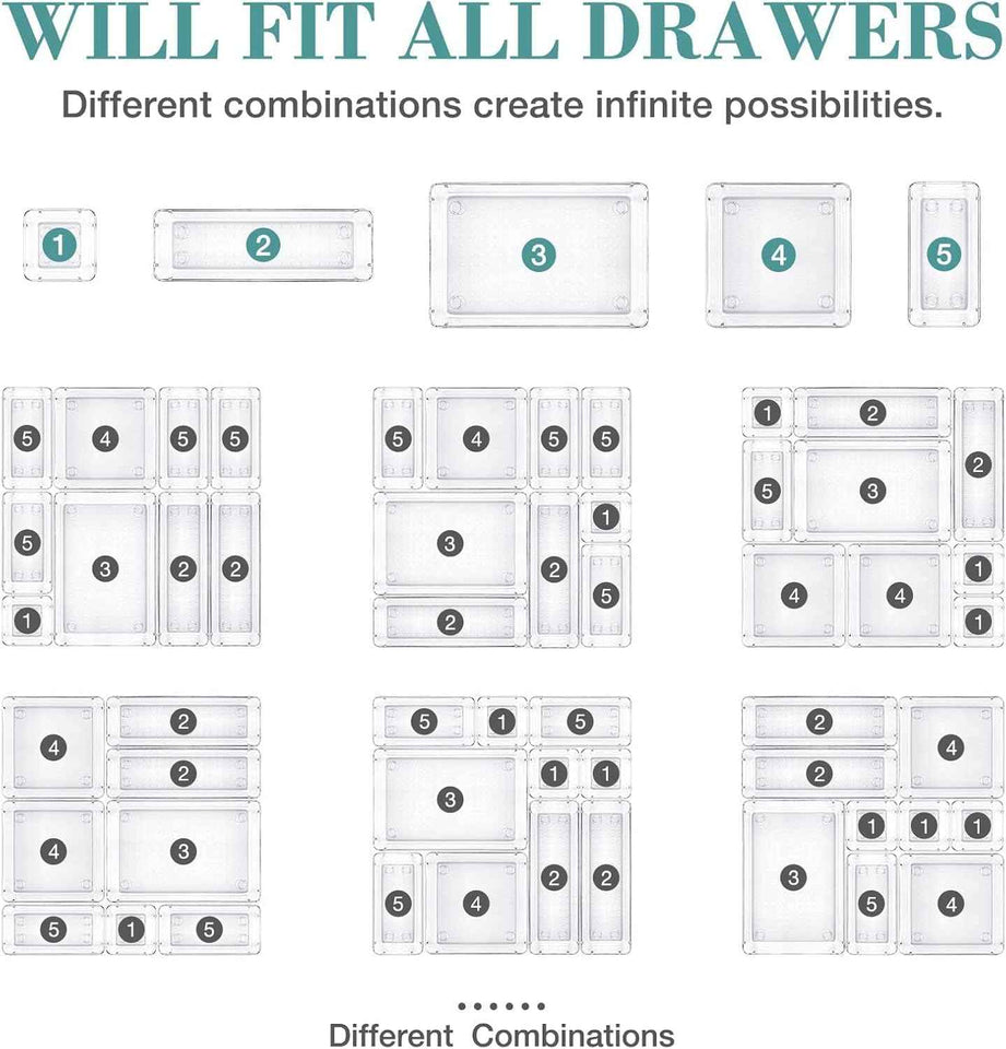 16 PCS Drawer Organizer Set, 5 Varied Size Bathroom and kitchen Drawer cabinet organizer Trays, Clear Storage Bins for Makeup, Jewelry, Utensils and Gadgets