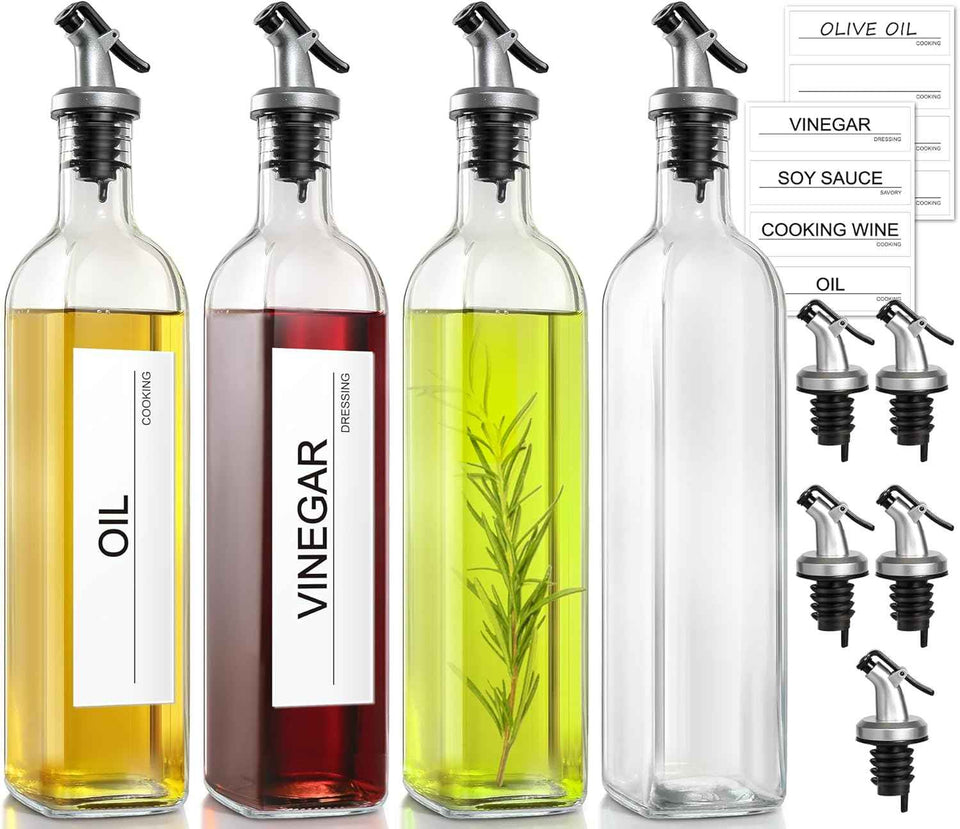 Clear 4 Pack Olive Oil Dispensers for Kitchen with Plastic Pourer Spout and Funnel