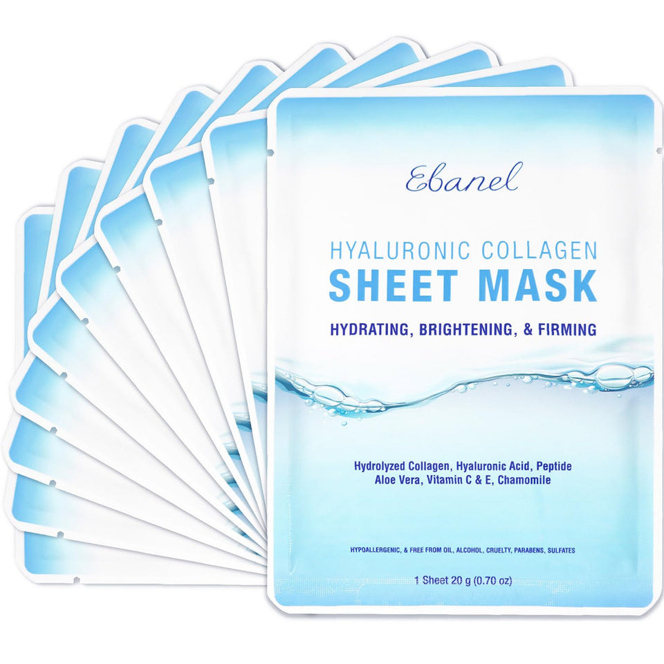 Ebanel 10 pack collagen face mask with hyaluronic acid, vitamin c, and aloe for skin firming and anti aging