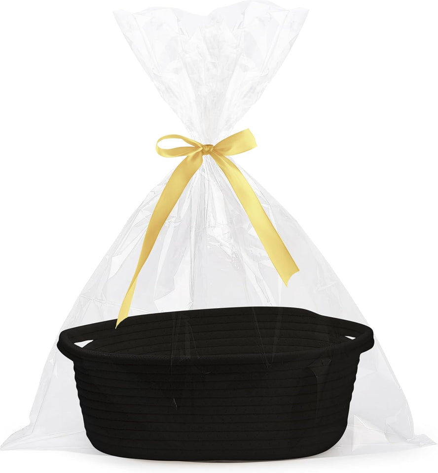 White small woven burr basket with gift bags and ribbons, 12" x 8" x 5", durable storage for gifts, baby toys, and living room essentials