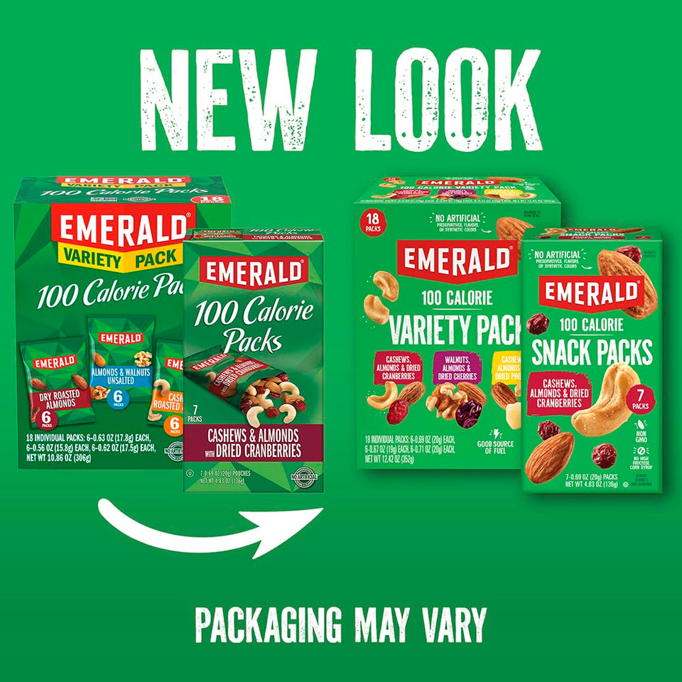 emerald nuts 18ct mixed nuts variety pack 100-calorie individual packs dry roasted almonds natural almonds walnuts roasted salted cashews