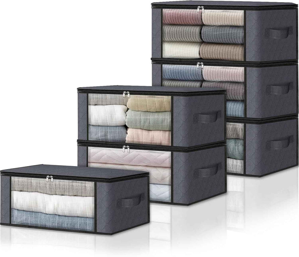 HomeHacks Storage 3-Pack Clothes Organizer Storage Bags Foldable Storage Box with Large Clear Window Sturdy Handles for Closet, Dorm, Pillows, Bedding, Clothes, Blankets, 35L, Gray