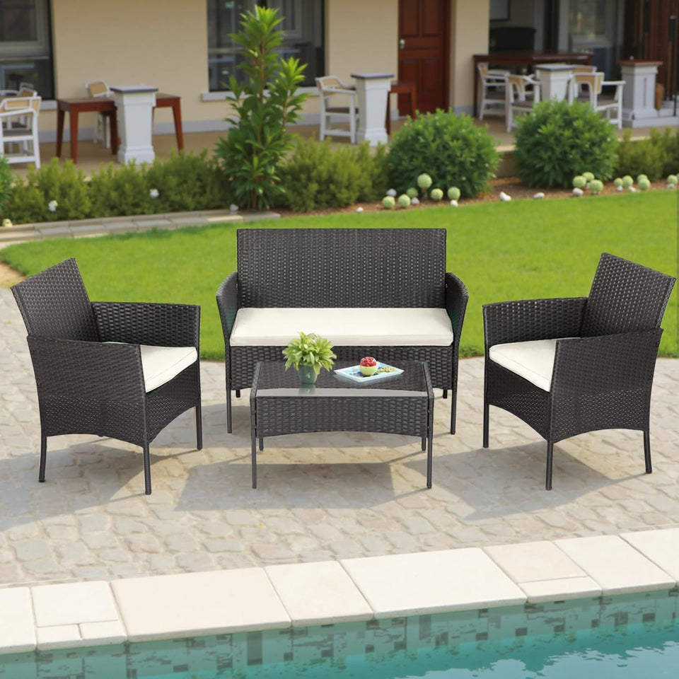 FDW | 4-Piece Patio Furniture Set | Black | Outdoor Wicker Furniture with Coffee Table | Modern Rattan Chairs Conversation Set | Outdoor Seating | Weather-Resistant | for Porch, Garden, Lawn