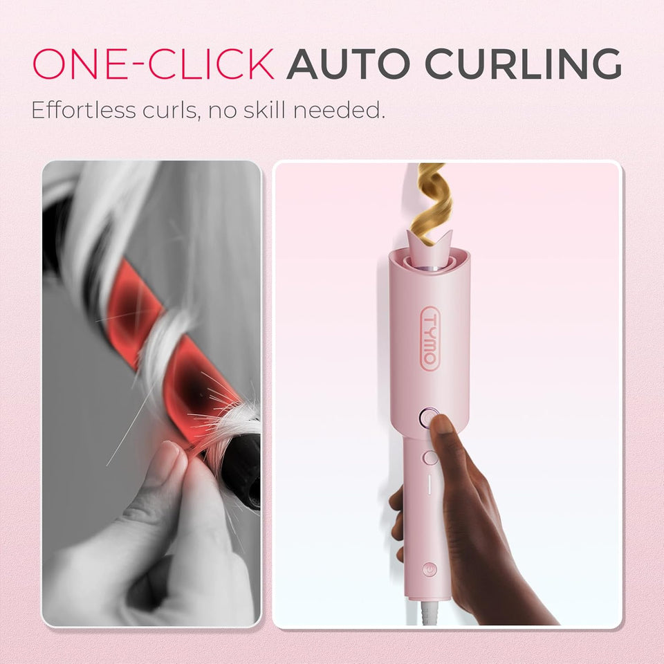 TYMO Automatic Rotating Curling Iron - TYMO CURLPRO Beach Waves Curling Wand, Portable Hair Curler, 500 Million Ionic, Dual Voltage & Lightweight for Travel, Ceramic Coating, 1 Inch, Pink