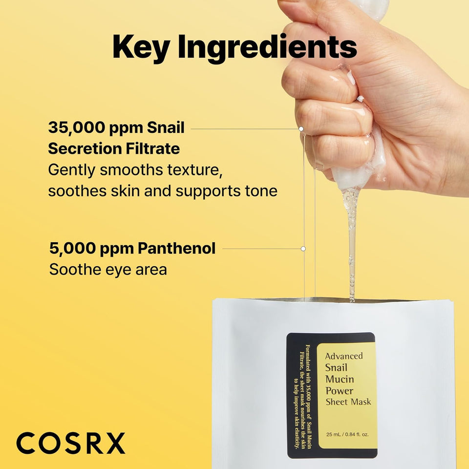cosrx snail mucin sheet mask 10ea, 35000ppm snail mucin, self care, dry sensitive skin, cruelty free