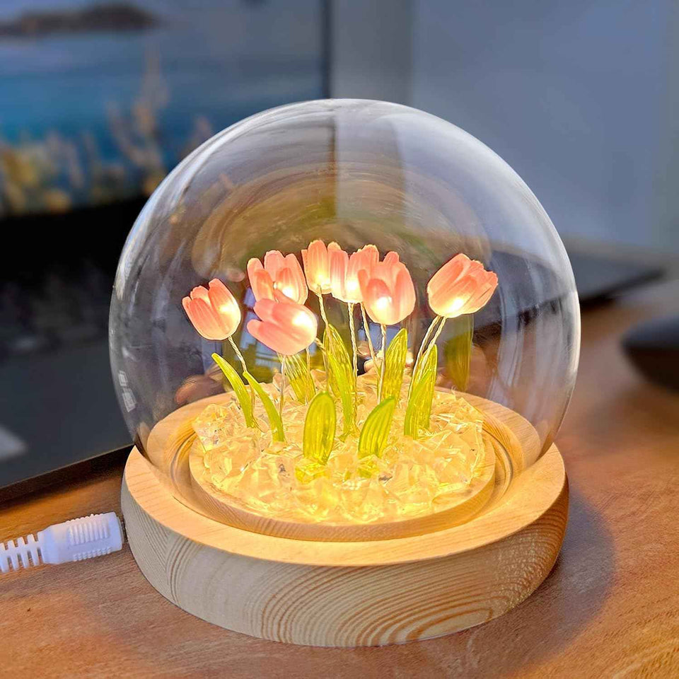 Wooden Tulip Night Light with 10 Led USB Lamp for Home Decor, Christmas Gift for Women
