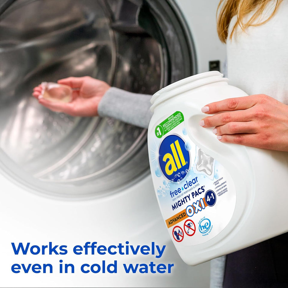 All Laundry Detergent Pacs, Mighty Pacs with OXI Stain Removers and Whiteners, Free Clear, Unscented and Dye Free, 56 Count