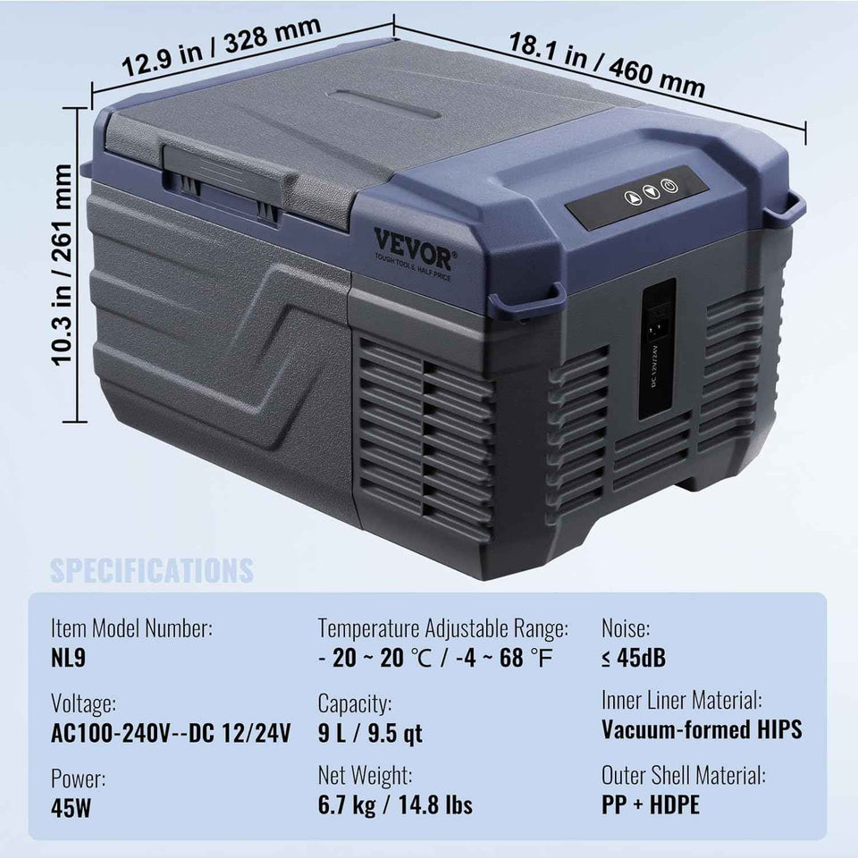VEVOR Car Refrigerator, 12 Volt Car Refrigerator Fridge, 9 L Single Zone Portable Freezer, -4℉-68℉ Adjustable Range, 12/24V DC and 100-240V AC Compressor Cooler for Outdoor, Camping, RV