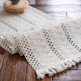 Alynsehom Macrame Hand Woven Cream Beige Boho Table Runner with Tassels 12x71in Cotton Rustic Farmhouse Kitchen Dining