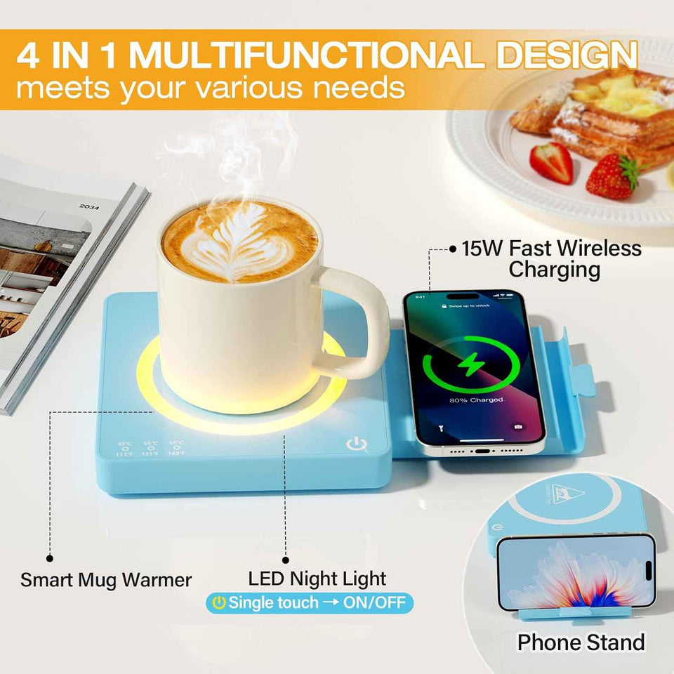 Smart Coffee Mug Warmer with 15W Wireless Charging - 3 Heat Settings, Auto Shut-Off, Candle & Beverage Warmer
