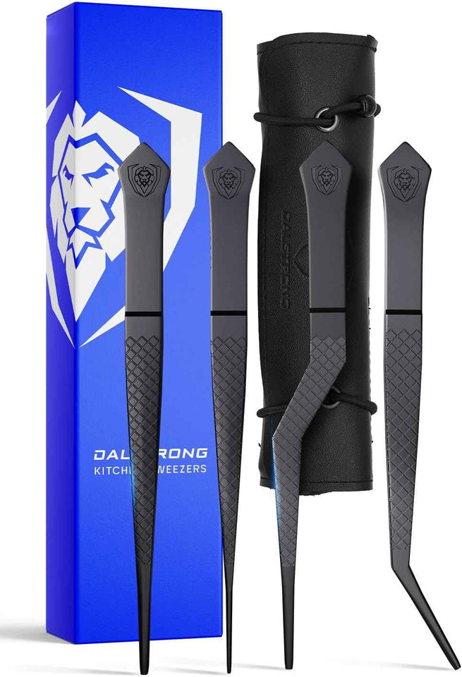 Dalstrong professional food tweezers 4pc set, 6.5", black titanium coating, multi-use, 304 stainless steel, culinary fine use, metal kitchen tongs