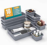 10 PCS Drawer Organizer Set, 4 Size Makeup Drawer Divider Organizer With Non-Slip Pads, Interlocking Plastic Storage Bins for Office,Jewelry Vanity,Gadgets, Bathroom,Kitchen, Black