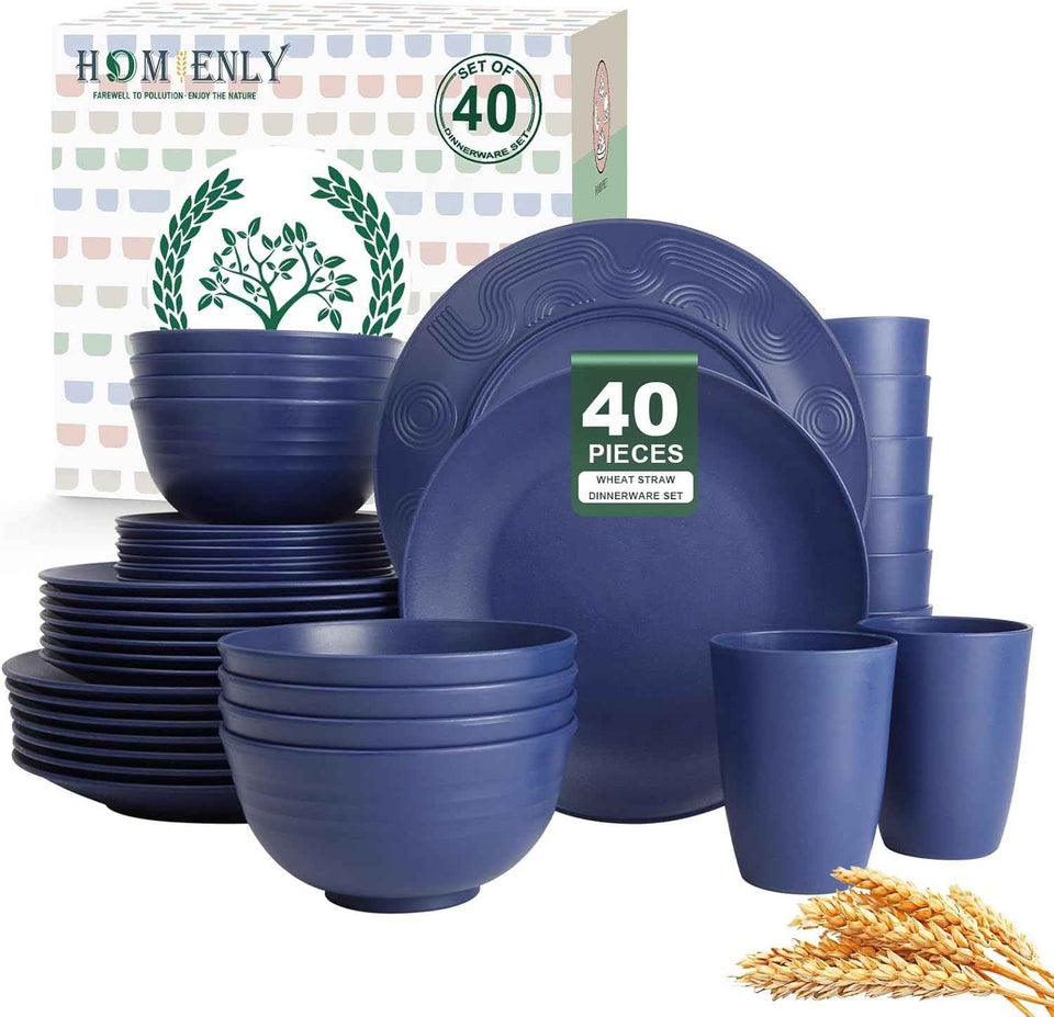 Homienly 40-Piece Premium Wheat Straw Dinnerware Sets, Service for 8, Unbreakable Plates and Bowls Set - Cups Sets, Dinner Plates, Bowls for Kitchen,Dishwasher and Microwave Safe Dishes Set - Multi