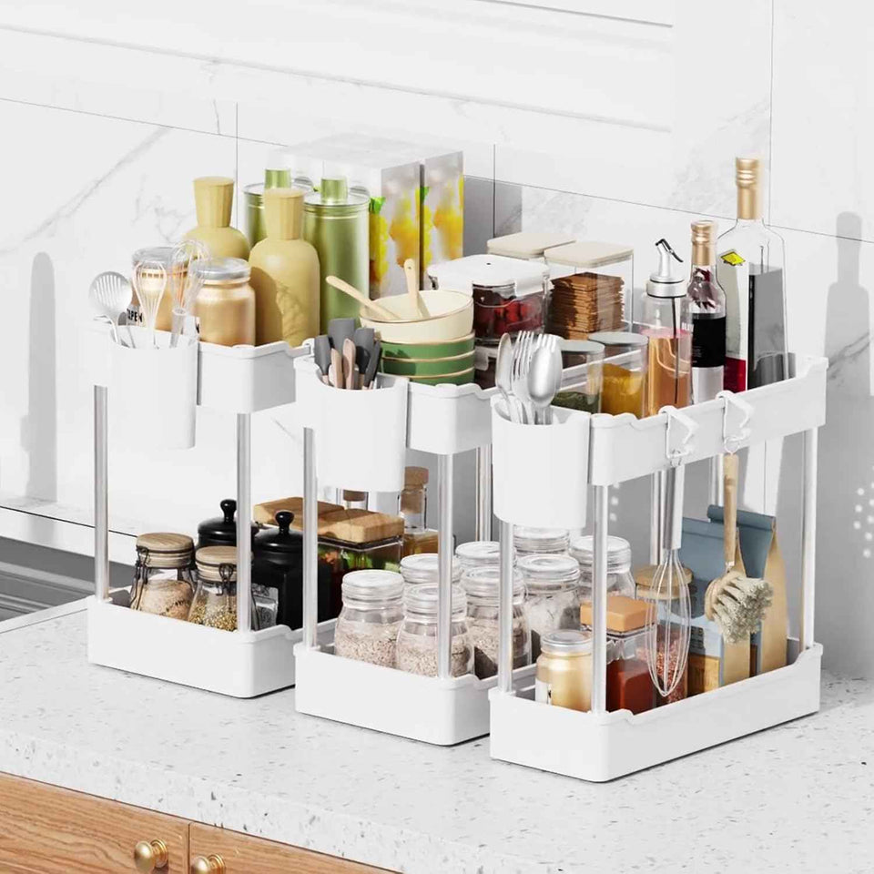 3 Pack Under Sink Organizer, 2 Tier Bathroom Cabinet with Hanging Cups, White, Kitchen & Bathroom Storage