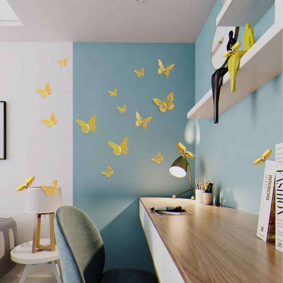 SAOROPEB 3D Butterfly Wall Decor - 48 Pcs, 4 Styles, 3 Sizes, Gold Butterfly Decorations for Birthday & Party Celebrations, Removable Stickers