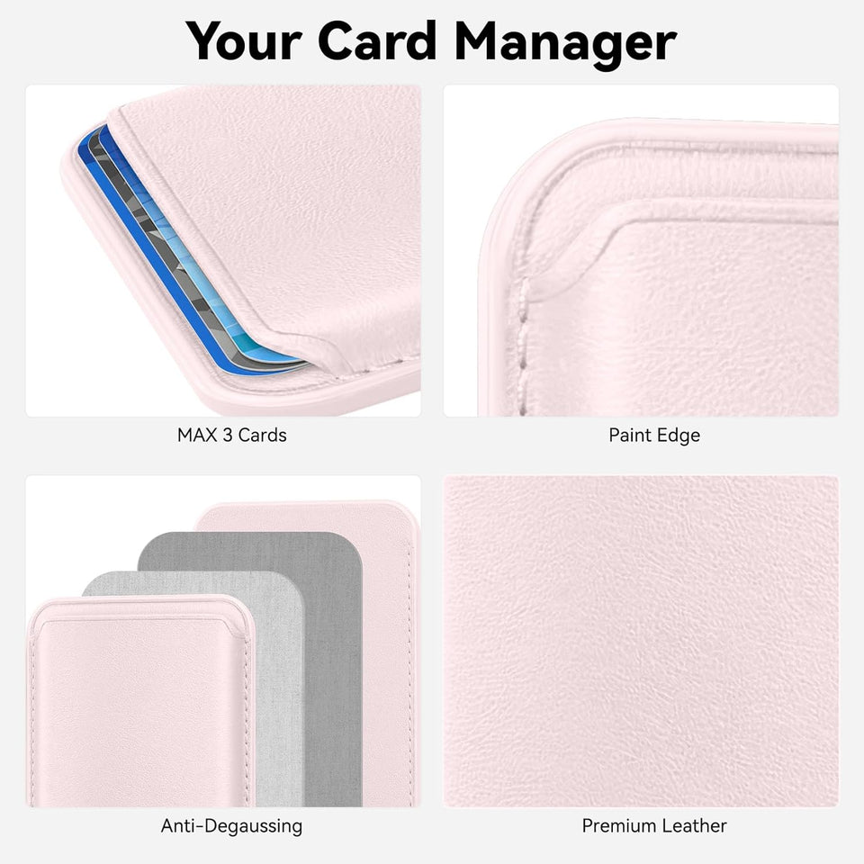 Magnetic Wallet Cell Phone Card Holder for Phone Case, Stronger Magnetic RFID Leather Phone Wallet Stick on Series of iPhone 17/16/15/14/13/12 and Pro/Promax, Light Pink