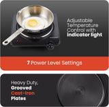 Elite Gourmet Countertop Electric Burner, 1000W Cast Iron Hot Plate, 7 Heat Settings, Portable Cooktop for RV, Dorm, Office & Small Kitchens, Road-Ready & Compact
