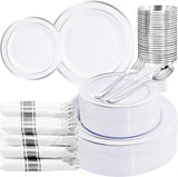 WELLIFE 700 Pieces Silver Plastic Dinnerware Set for 100 Guests - Includes Plates, Cups, Napkins, and Disposable Cutlery - Elegant White & Silver Design, Perfect for Parties and Events
