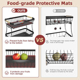 2 Tier Fruit Basket for Kitchen Counter with 2 Mobile Banana Hangers, 2025 Pro Detachable Metal Fruit Bowl with Wooden Handle, Fruit Holder for Bread Snack Veggies with Protective Mats